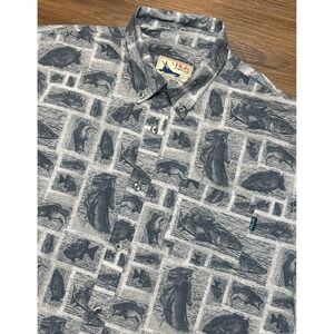 Huk Fishing Shirt Gray Blue Fish AOP Short Sleeve Button Down Stretch Sz L